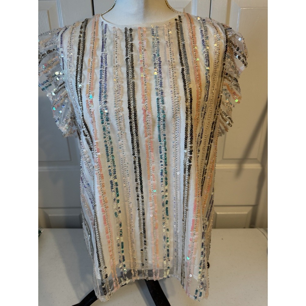 Women's T H M L Sequined Top NWT Short Flutter Sleeves Summer Colors Lined Med